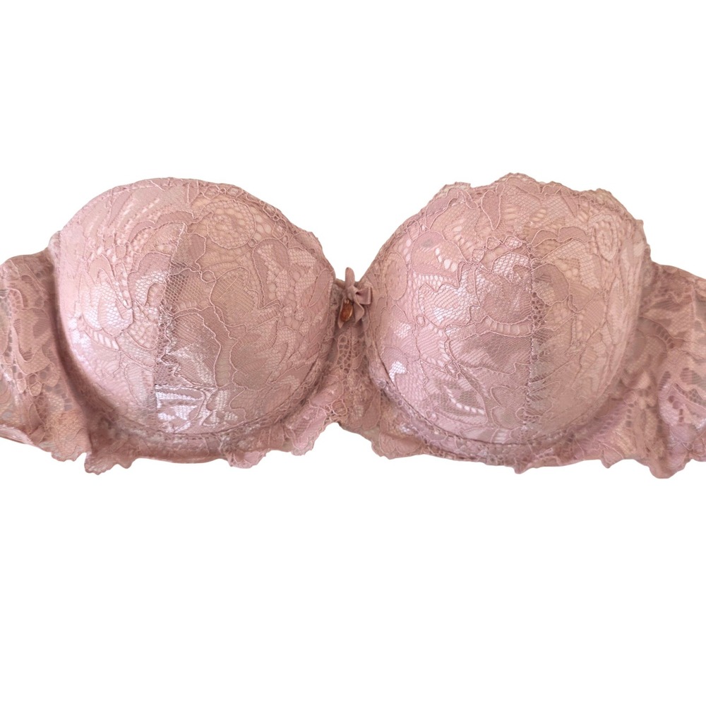 Strapless Push Up Lace Overlay Padded Bra‎ Pink Adjustable Strap